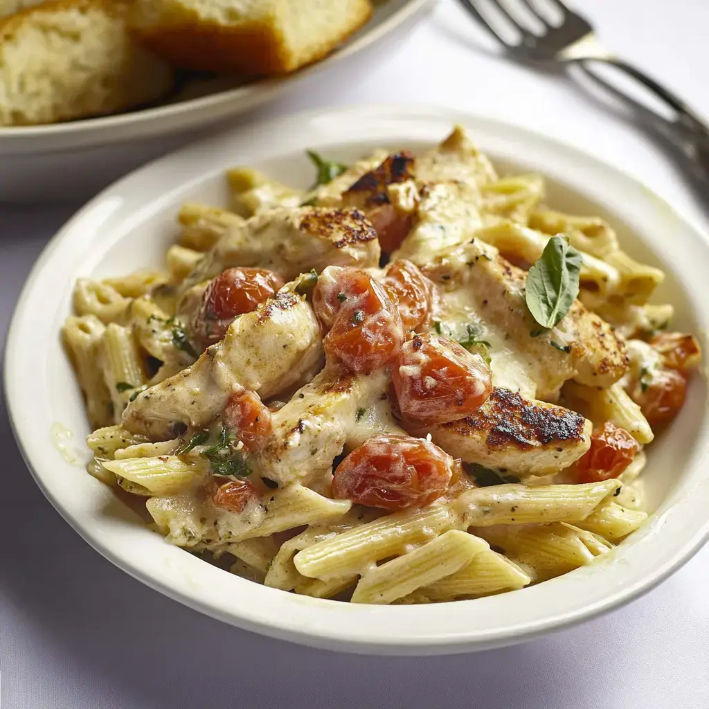 A plate of creamy penne pasta with grilled chicken, cherry tomatoes, and basil, served with a side of bread.