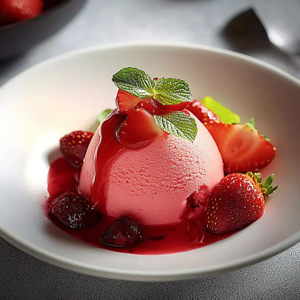 A scoop of pink strawberry ice cream is garnished with fresh strawberries and mint leaves, served in a white bowl with a berry sauce.