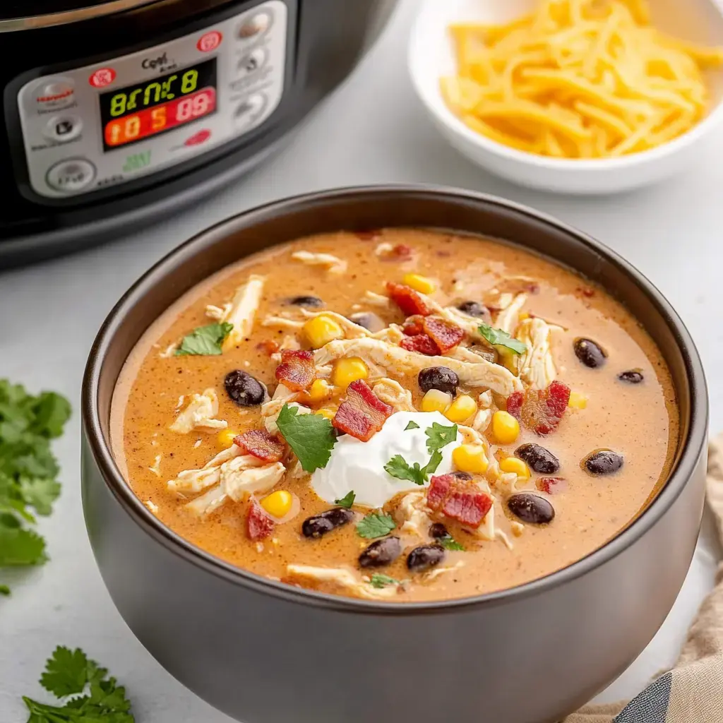 A bowl of creamy chicken soup with black beans, corn, bacon bits, and garnished with cilantro and sour cream, next to a slow cooker displaying cooking time.