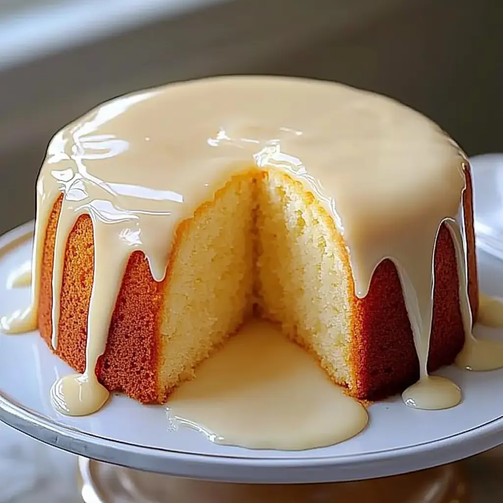 A round cake with a glossy glaze is displayed on a plate, featuring a slice cut out to reveal its fluffy interior.