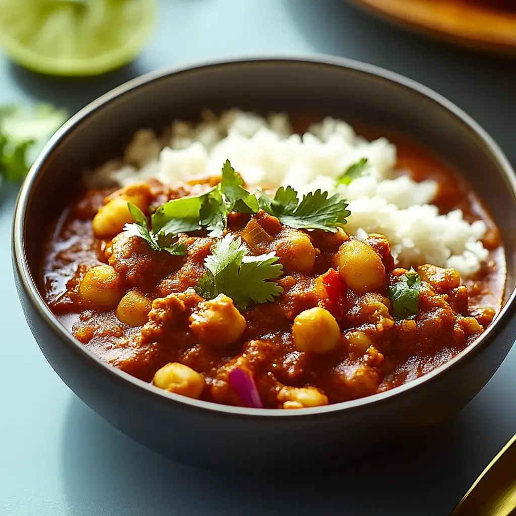 A bowl of hearty curry with chickpeas, topped with fresh cilantro, served alongside fluffy white rice.