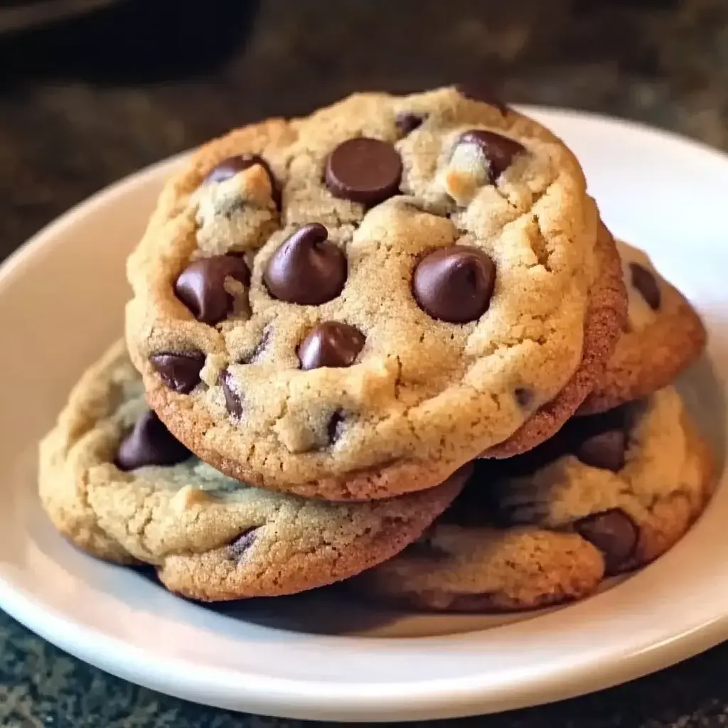 A close-up shot of a stack of chocolate chip cookies on a white plate.