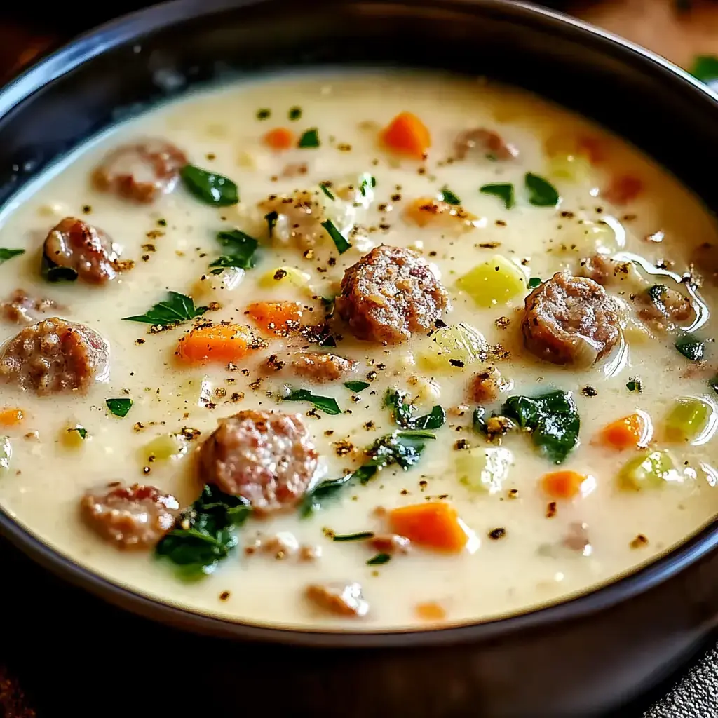 A creamy soup filled with sausage, carrots, celery, and herbs is shown in a dark bowl.