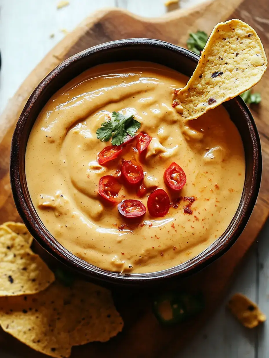 A wooden bowl filled with creamy dip is topped with sliced cherry tomatoes and a sprinkle of seasoning, accompanied by tortilla chips.