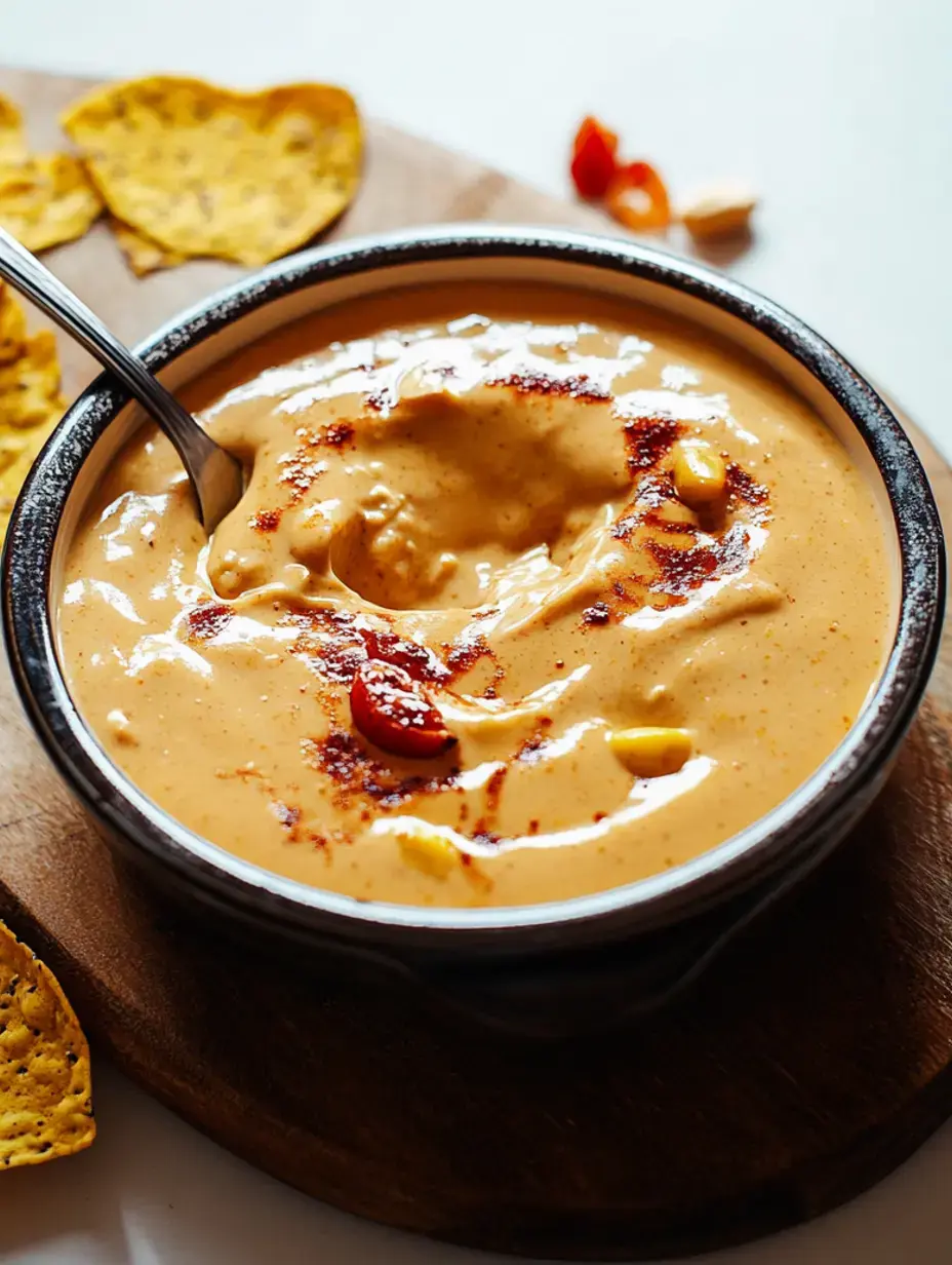 A creamy orange dip is served in a black bowl, garnished with spices and accompanied by yellow tortilla chips on a wooden serving board.