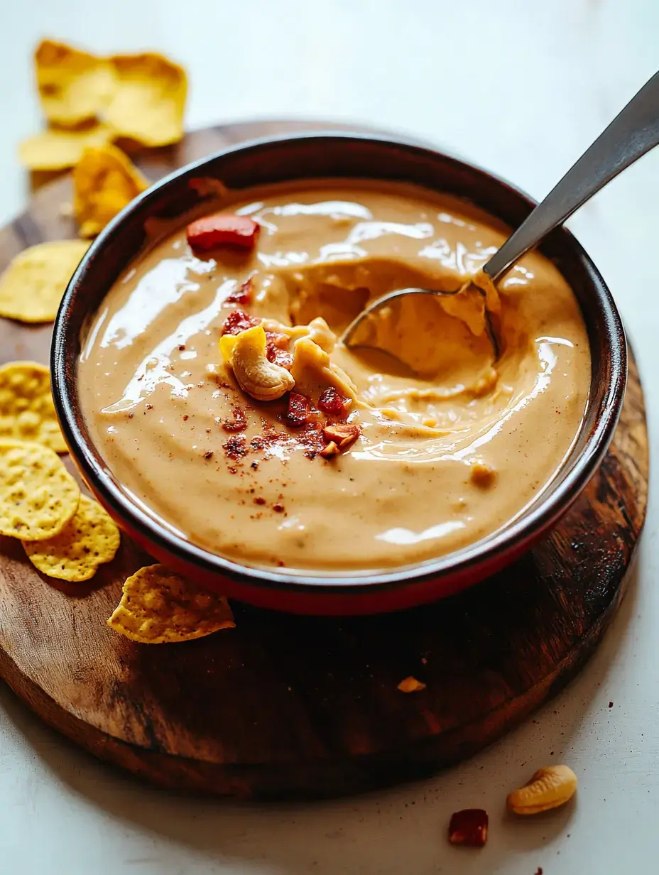 A bowl of creamy dip topped with cashews and spices, accompanied by yellow tortilla chips on a wooden serving board.