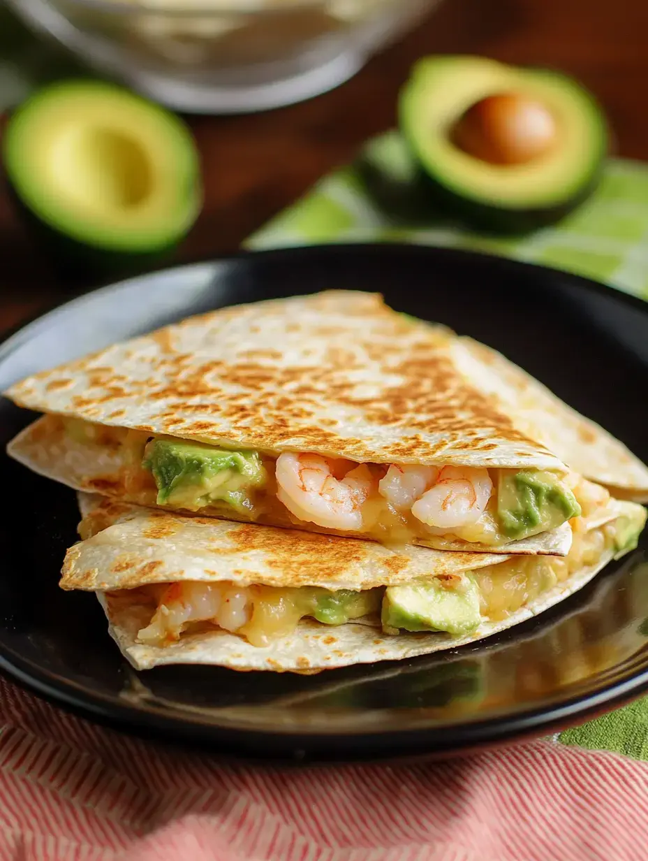 A close-up of two quesadillas filled with shrimp and avocado, served on a black plate with fresh avocado halves in the background.