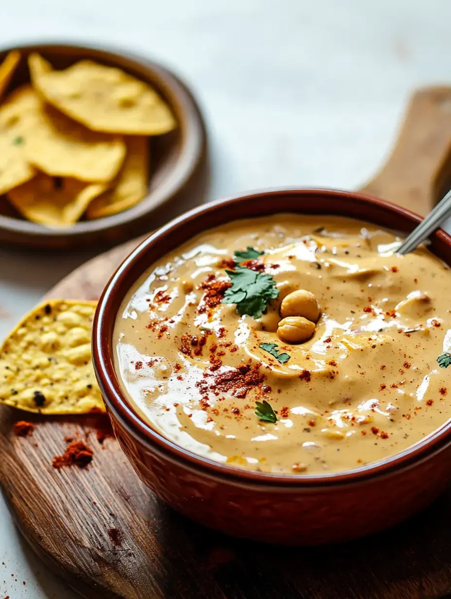 A bowl of creamy dip topped with herbs and spices, accompanied by corn tortilla chips in a wooden dish.