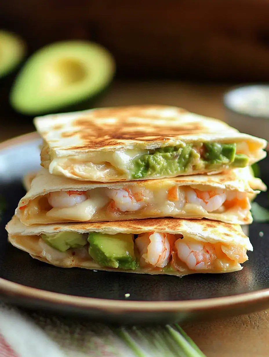 A close-up of three stacked quesadillas filled with shrimp and avocado, served on a dark plate, with avocado halves blurred in the background.