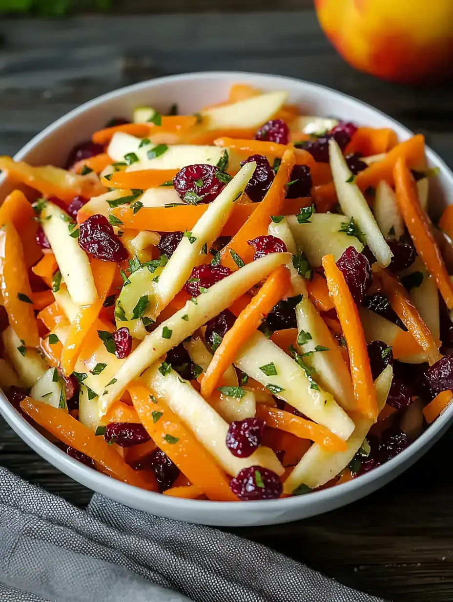 A bowl of colorful salad featuring thinly sliced apples, carrots, and cranberries, garnished with parsley.