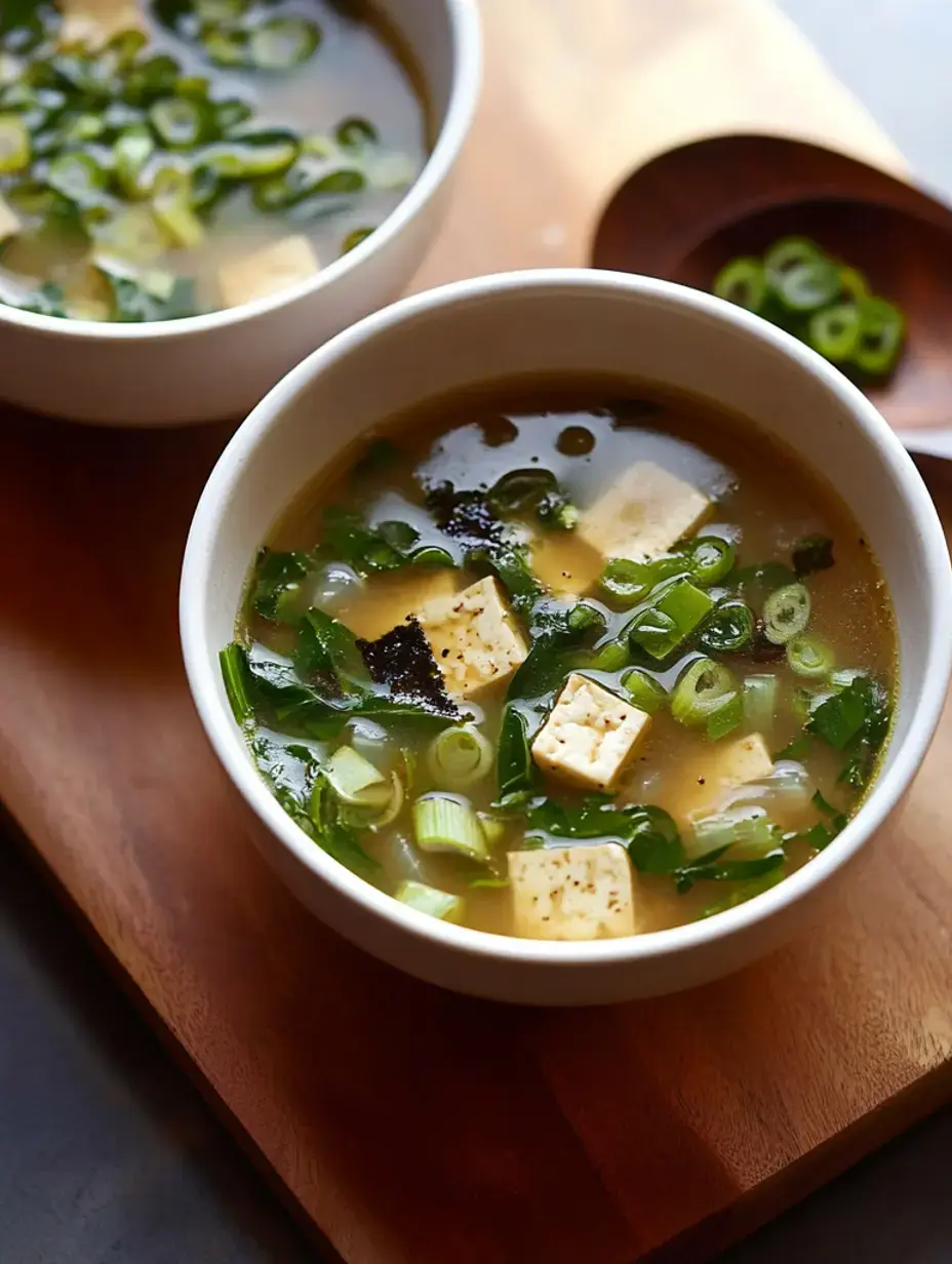 Two bowls of soup with tofu and green onions are placed on a wooden surface, accompanied by a small dish of chopped green onions.