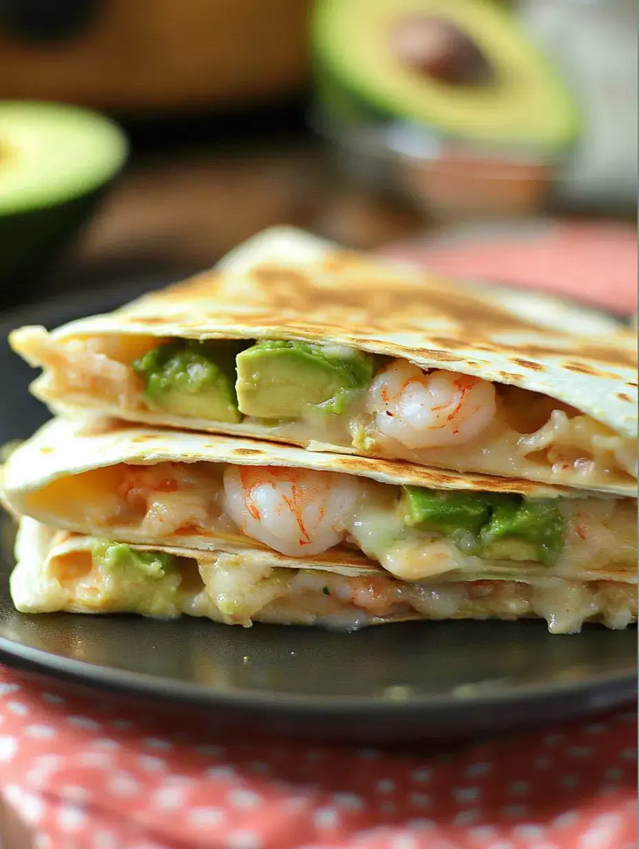 A close-up of two stacked shrimp and avocado quesadillas on a black plate with an out-of-focus avocado in the background.