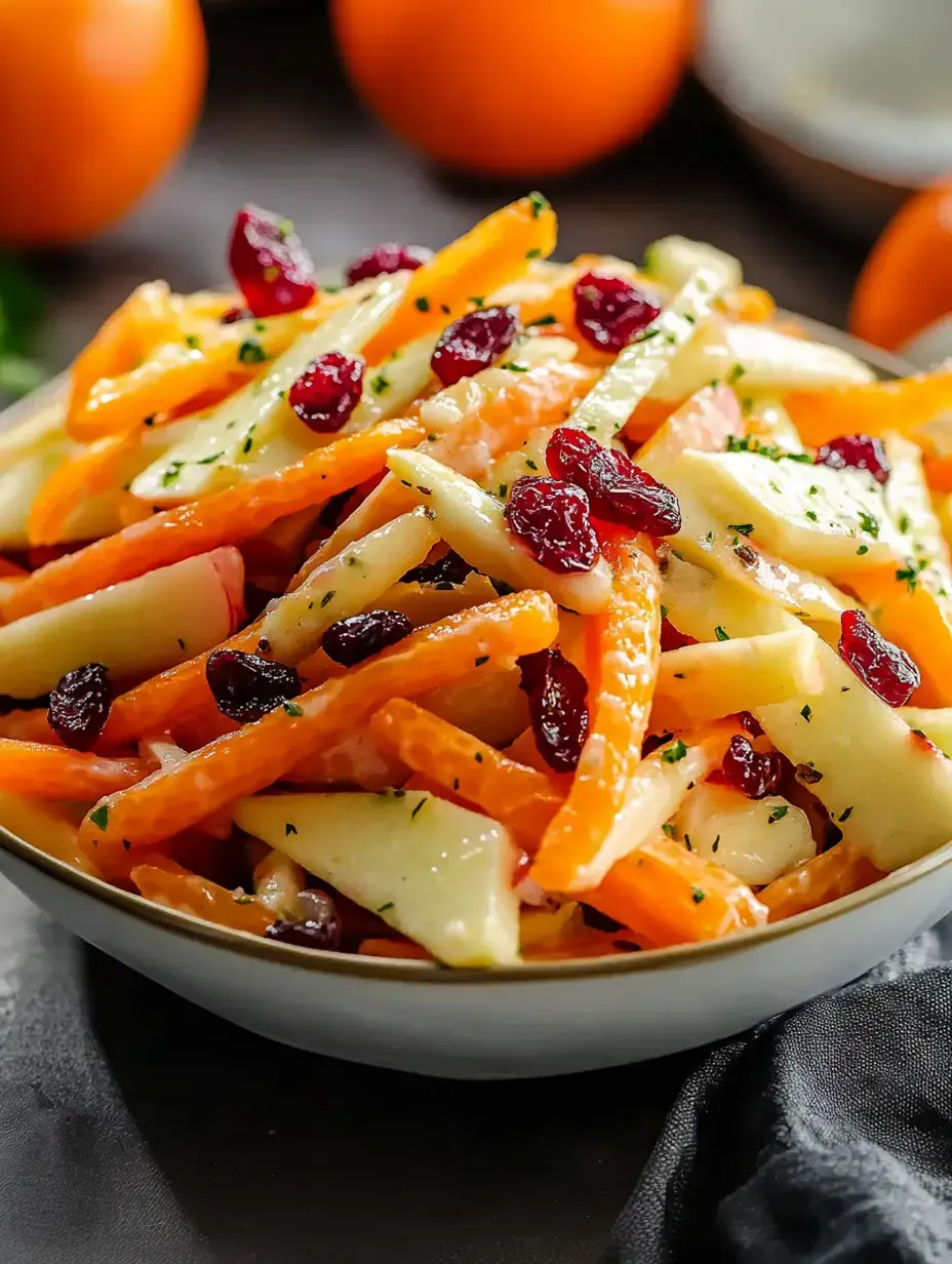 A vibrant bowl of salad featuring orange and apple slices, carrots, and cranberries, garnished with parsley.