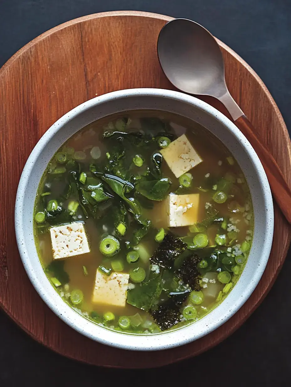 A bowl of clear soup filled with tofu, green onions, seaweed, and leafy greens, placed on a wooden plate with a spoon beside it.