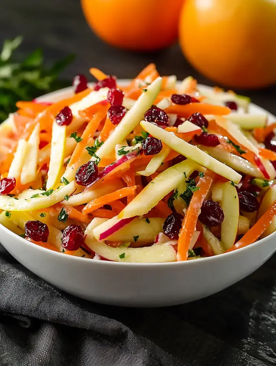 A bowl of colorful salad featuring shredded apples, carrots, dried cranberries, and parsley, with two oranges in the background.