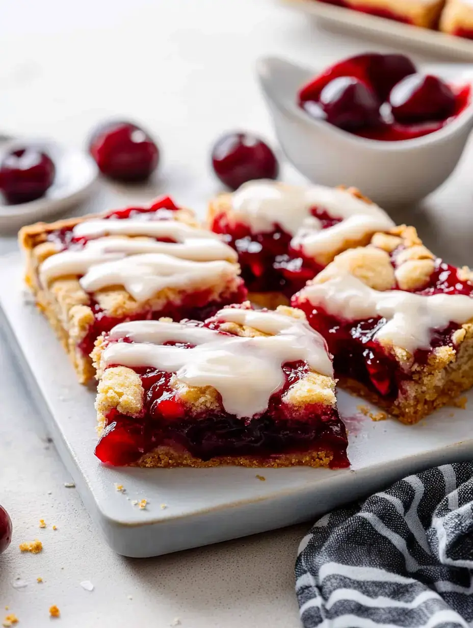 A plate of cherry bars drizzled with icing, accompanied by fresh cherries.