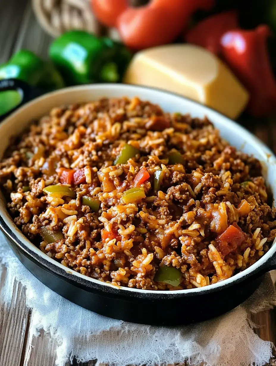 A serving of seasoned ground beef and rice with diced vegetables in a black bowl, surrounded by fresh peppers and cheese in the background.