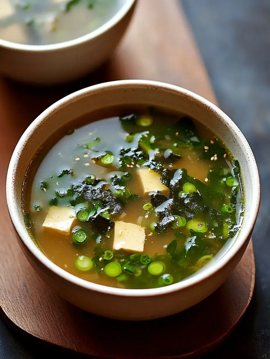 A bowl of miso soup with tofu, seaweed, and green onions, placed on a wooden surface.