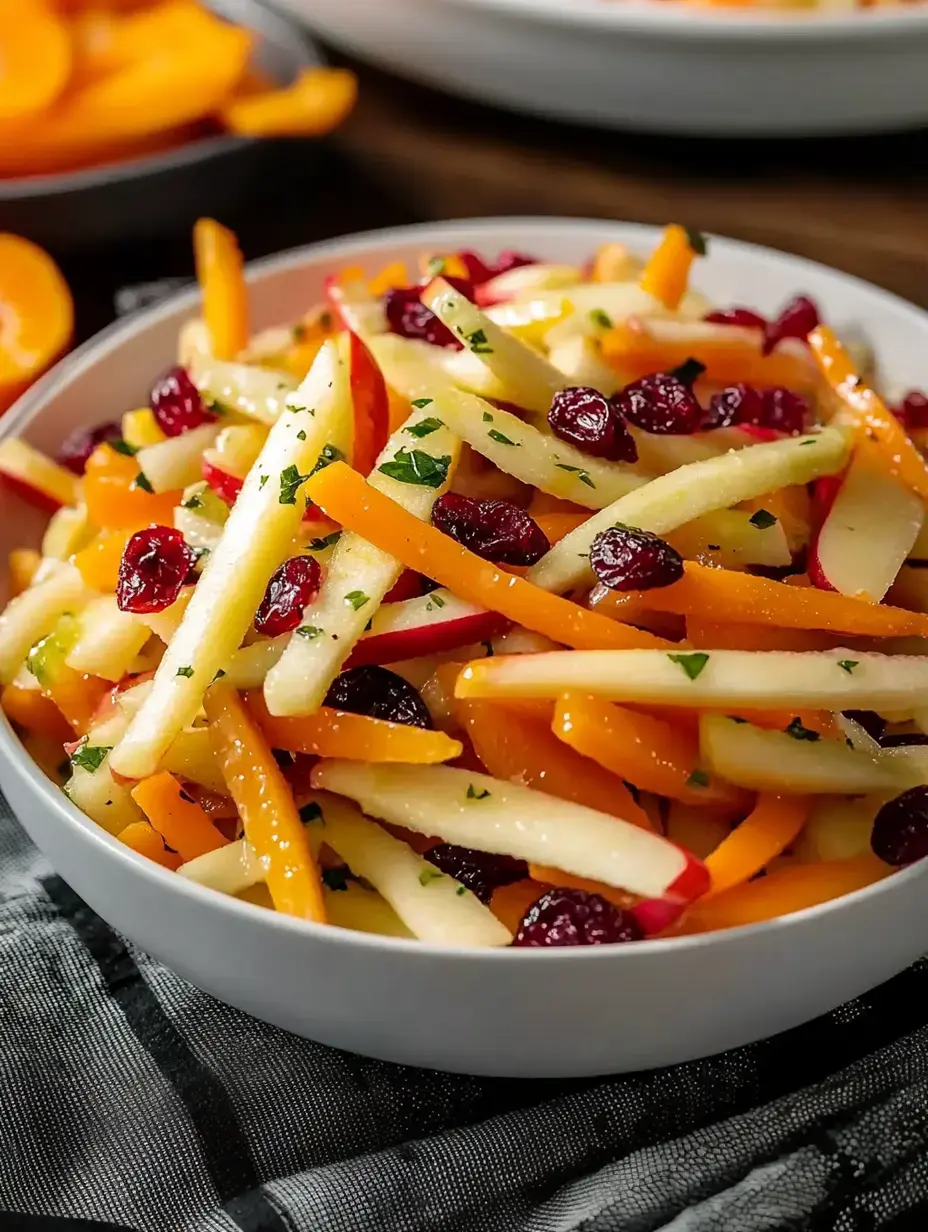 A colorful salad featuring strips of apples, apricots, and cranberries, garnished with chopped herbs in a white bowl.