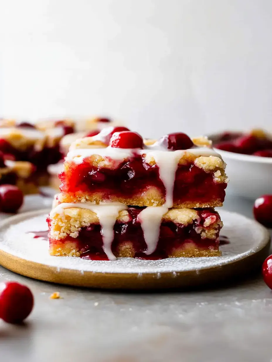 A close-up of stacked layers of cherry dessert drizzled with white icing on a decorative plate, surrounded by fresh cherries.