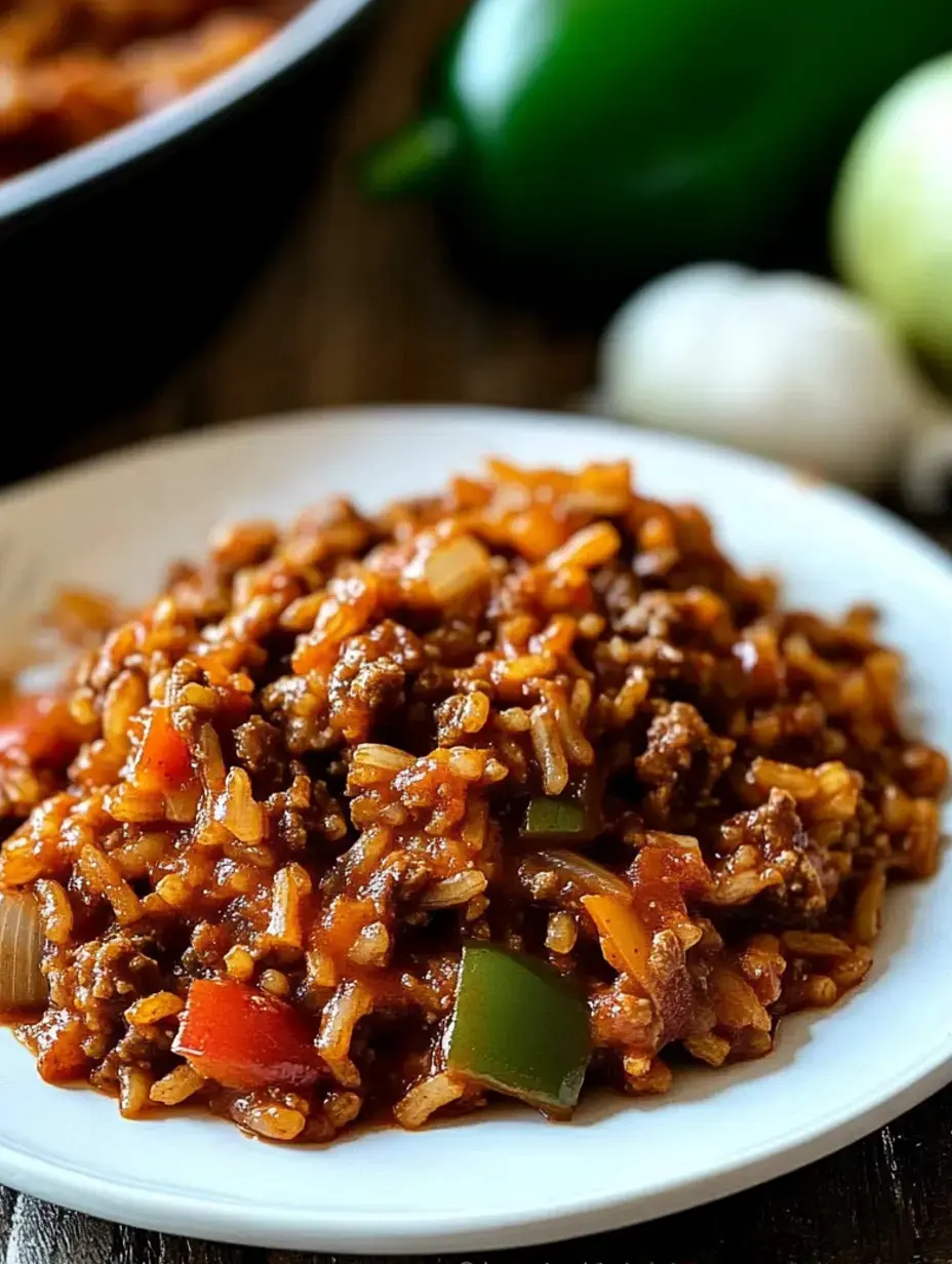 A plate of seasoned rice mixed with ground beef and colorful diced vegetables, featuring green bell pepper and red tomatoes, garnished with a rich tomato sauce.