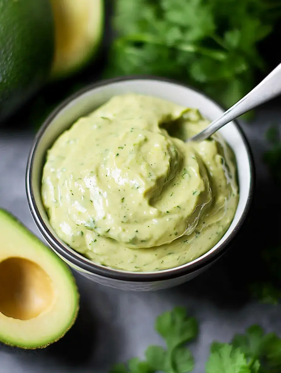 A bowl of green avocado sauce with herbs is surrounded by fresh avocado halves and cilantro leaves.