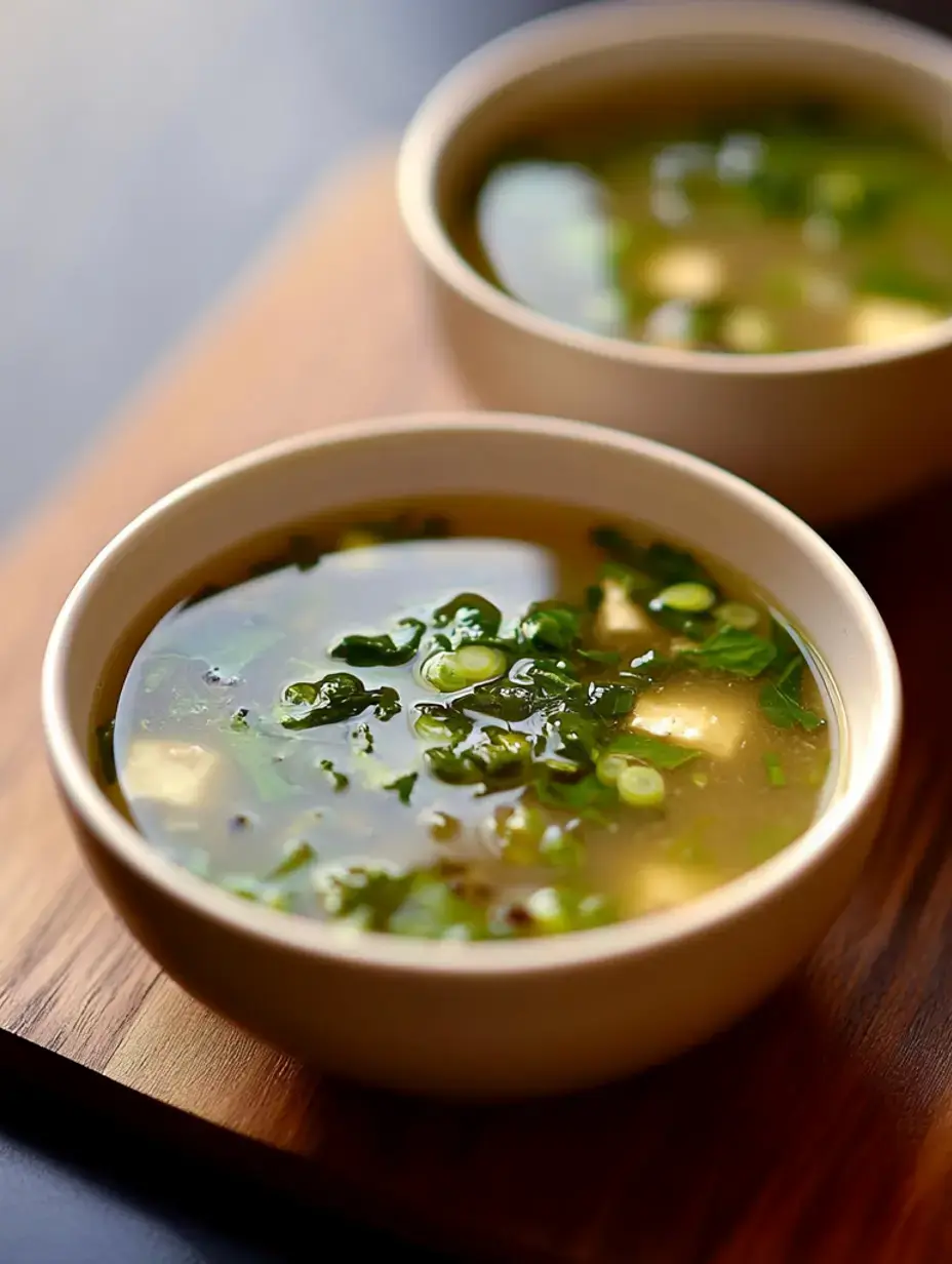 Two bowls of clear soup garnished with chopped green onions sit on a wooden surface.