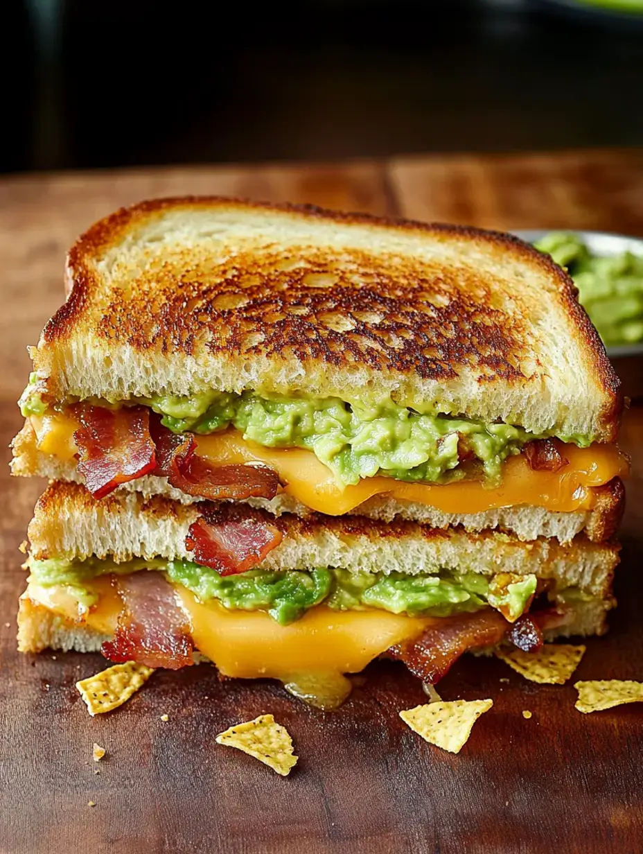 A grilled sandwich filled with melted cheddar cheese, crispy bacon, and guacamole, served on toasted bread with tortilla chip crumbs scattered nearby.