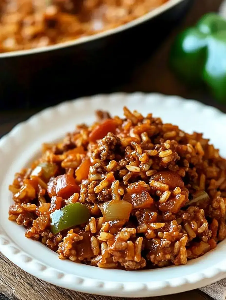 A plate of seasoned ground beef mixed with rice and colorful vegetables, served alongside a pot of the same dish.