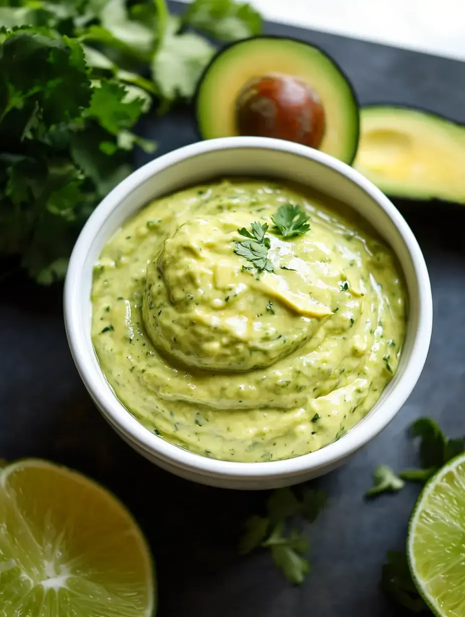 A bowl of creamy cilantro avocado sauce is surrounded by fresh lime slices, cilantro leaves, and a halved avocado on a dark surface.