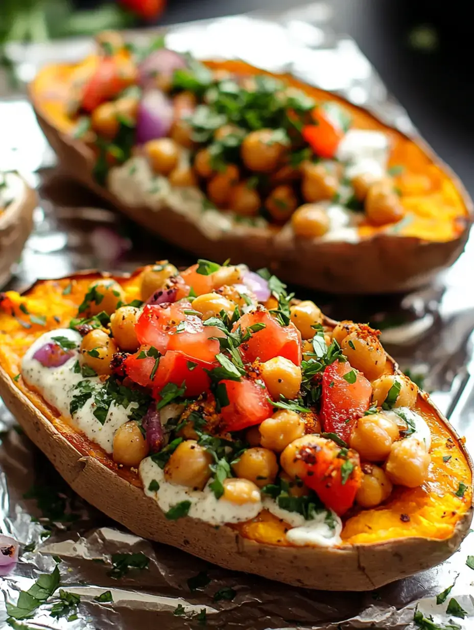 Baked sweet potatoes are topped with chickpeas, diced tomatoes, red onions, and fresh herbs, served on a foil-lined surface.