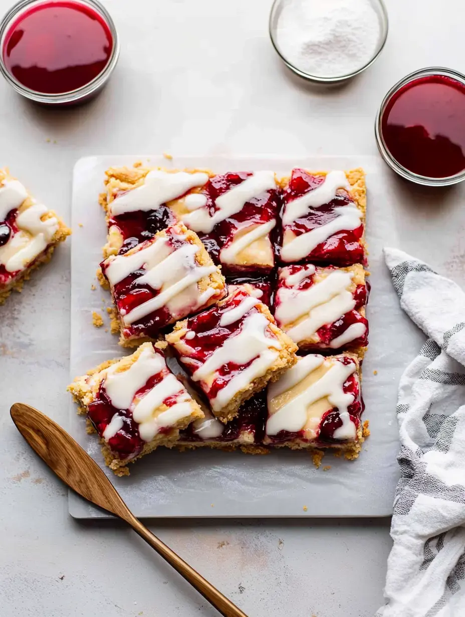 A square dessert topped with cherry filling and drizzled with white icing, arranged on a cutting board alongside bowls of cherry sauce and powdered sugar.