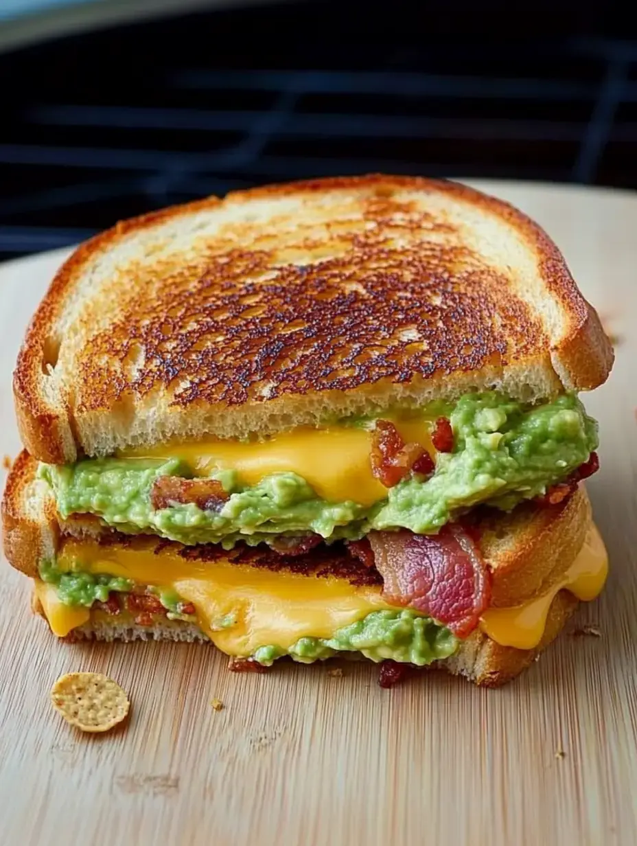 A toasted sandwich layered with cheese, guacamole, and bacon, sitting on a wooden cutting board.