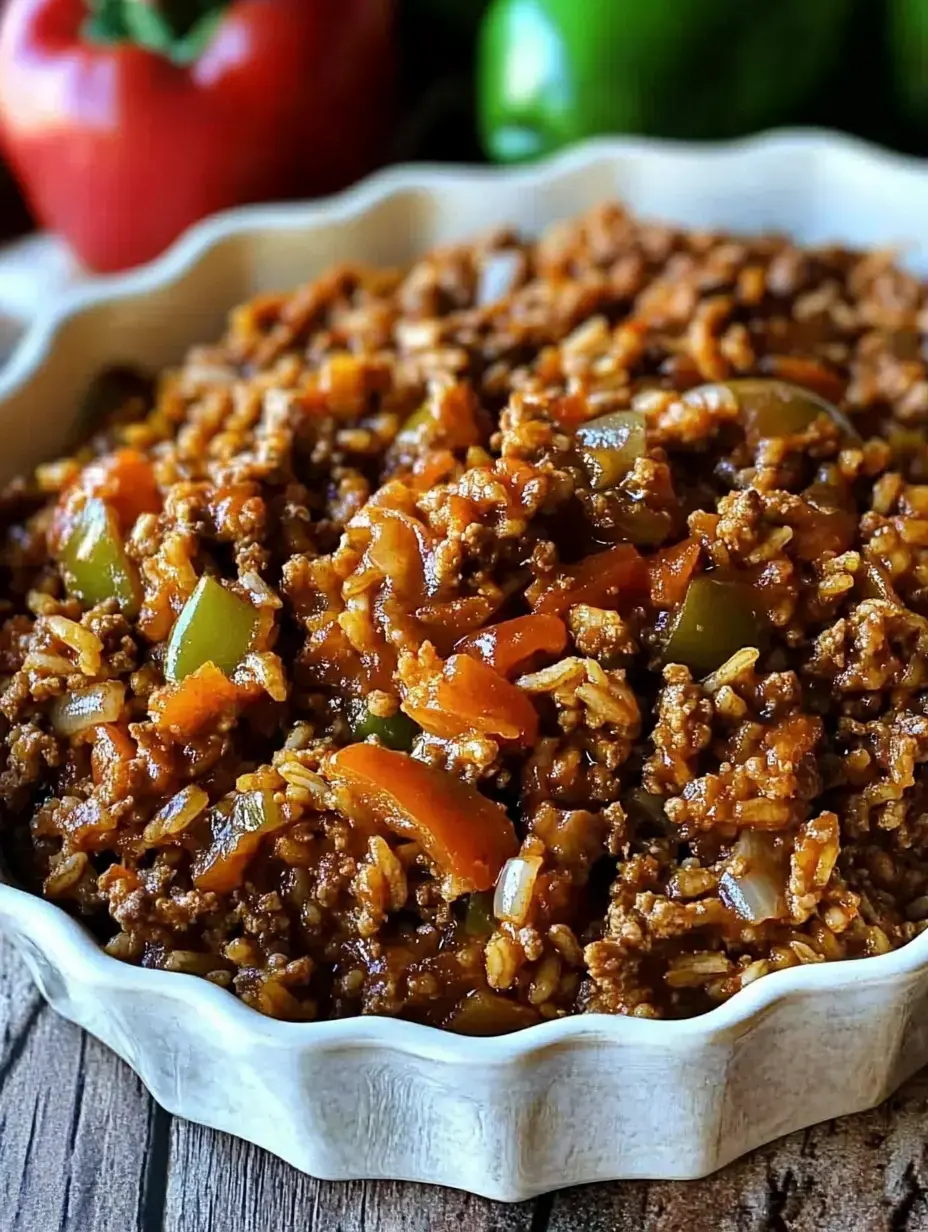 A close-up of a dish containing seasoned ground meat mixed with rice and colorful vegetables, served in a scalloped bowl.