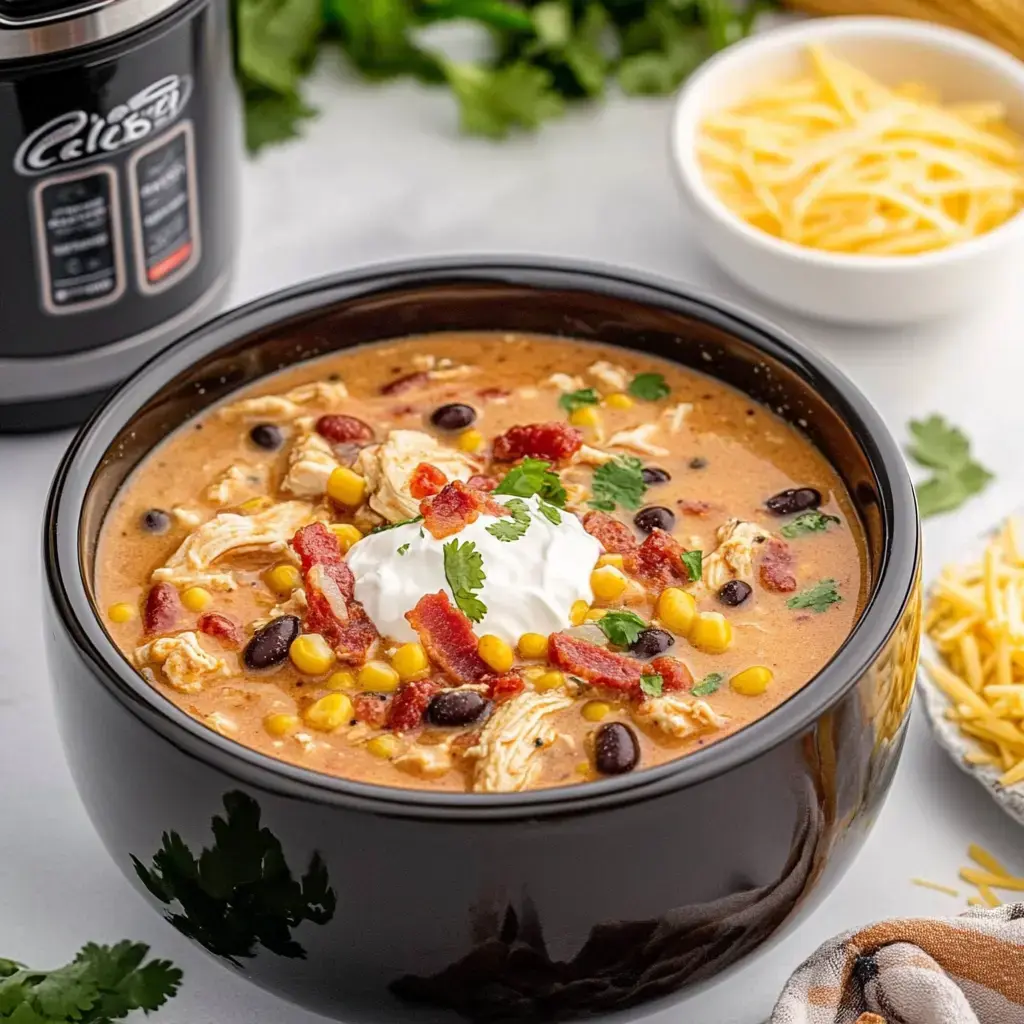 A close-up of a black bowl filled with creamy chicken soup topped with shredded chicken, corn, bacon, cilantro, and a dollop of sour cream, alongside a separate bowl of shredded cheese.