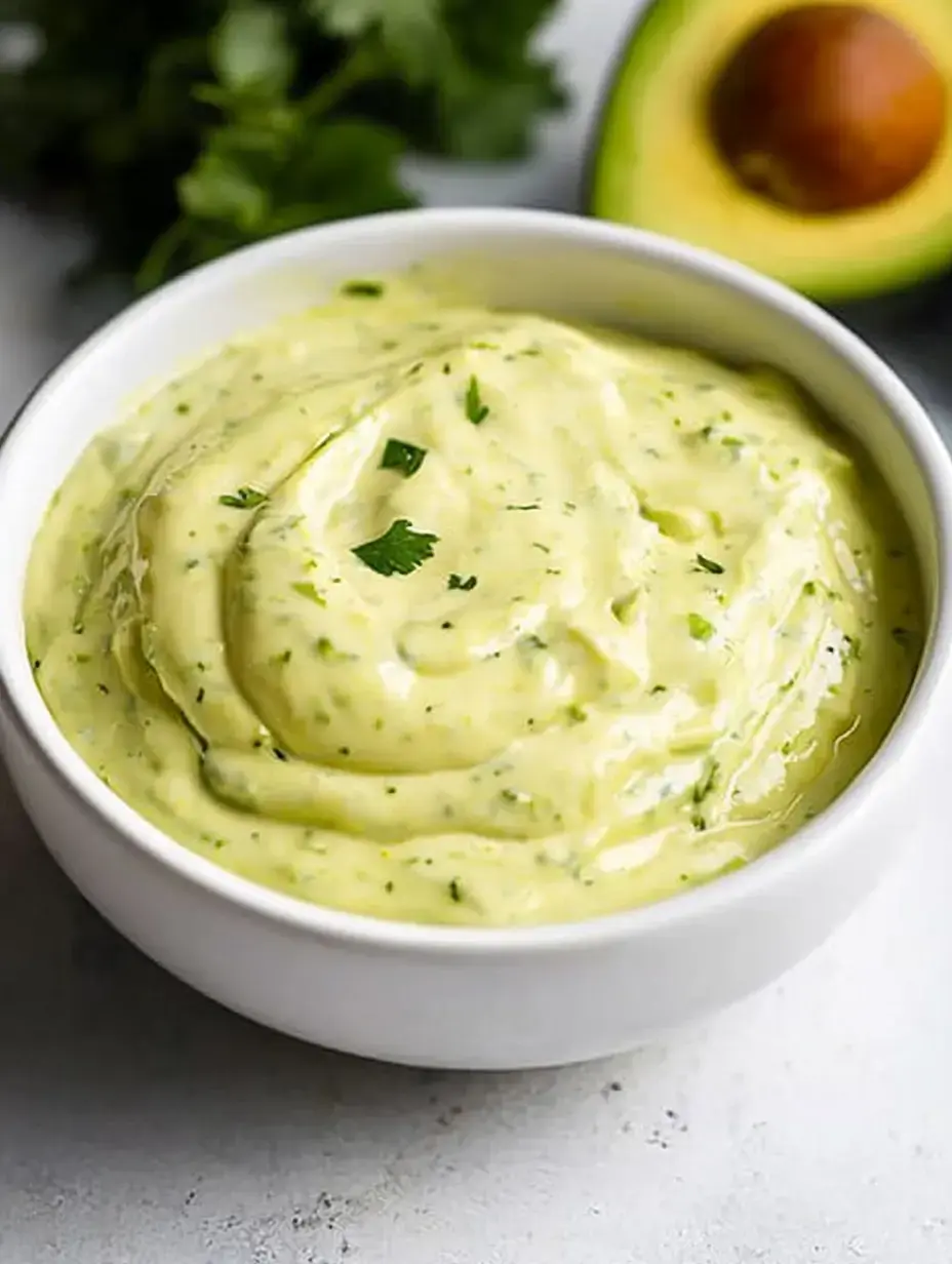 A bowl of creamy green avocado sauce, garnished with chopped cilantro, sits on a light surface next to half an avocado.