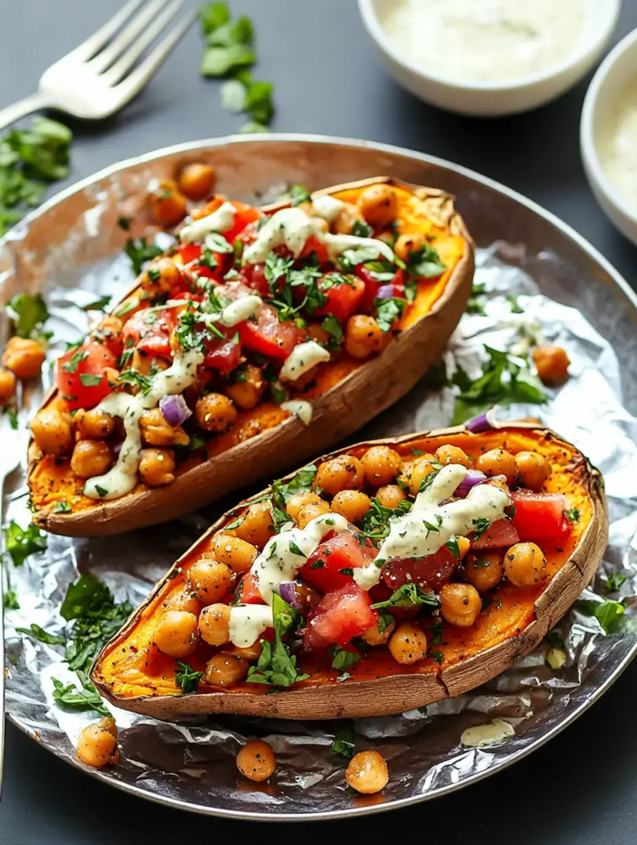 A plate of baked sweet potatoes filled with chickpeas, chopped tomatoes, and drizzled with a creamy sauce, garnished with fresh herbs.