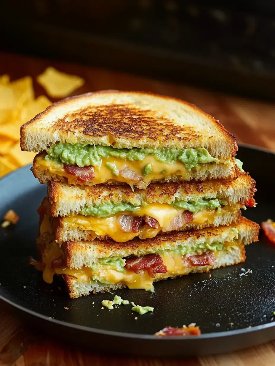 A stacked grilled sandwich featuring layers of melted cheddar cheese, bacon, and guacamole on toasted bread served on a black plate, accompanied by scattered tortilla chips in the background.