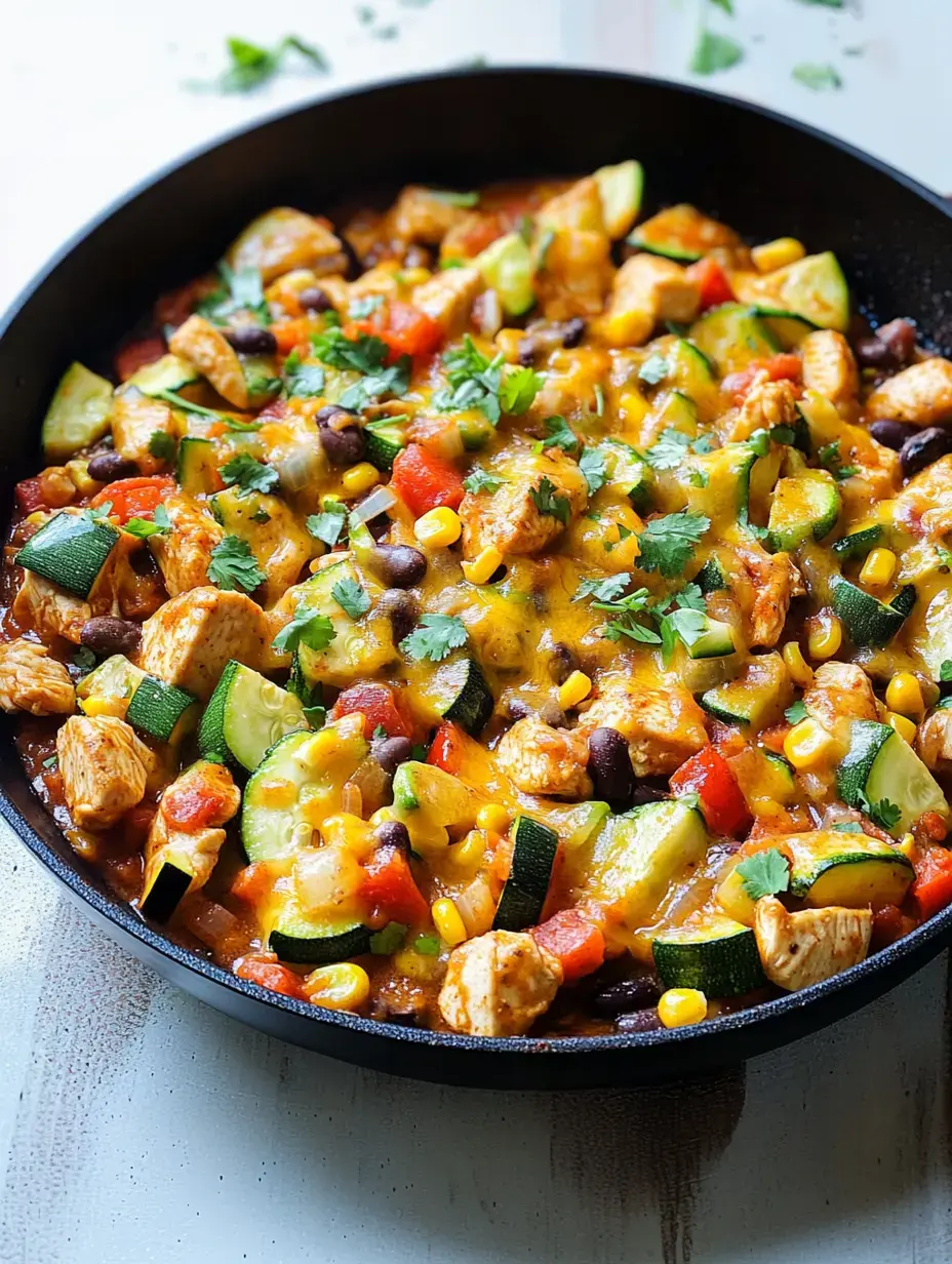 A colorful skillet dish featuring diced chicken, zucchini, black beans, corn, tomatoes, and topped with melted cheese and fresh cilantro.