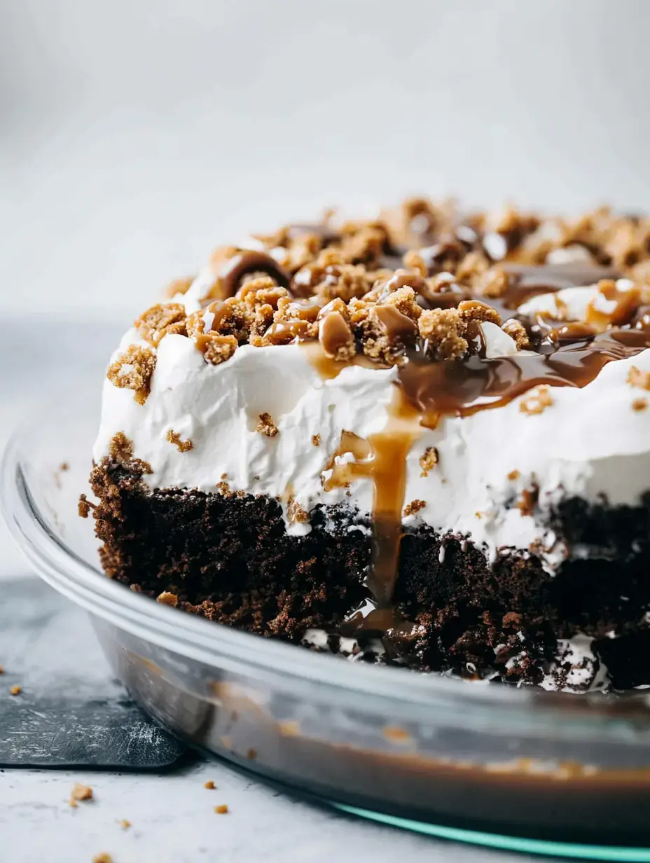 A layered chocolate dessert topped with whipped cream, crushed cookies, and caramel drizzle is displayed in a clear glass dish.