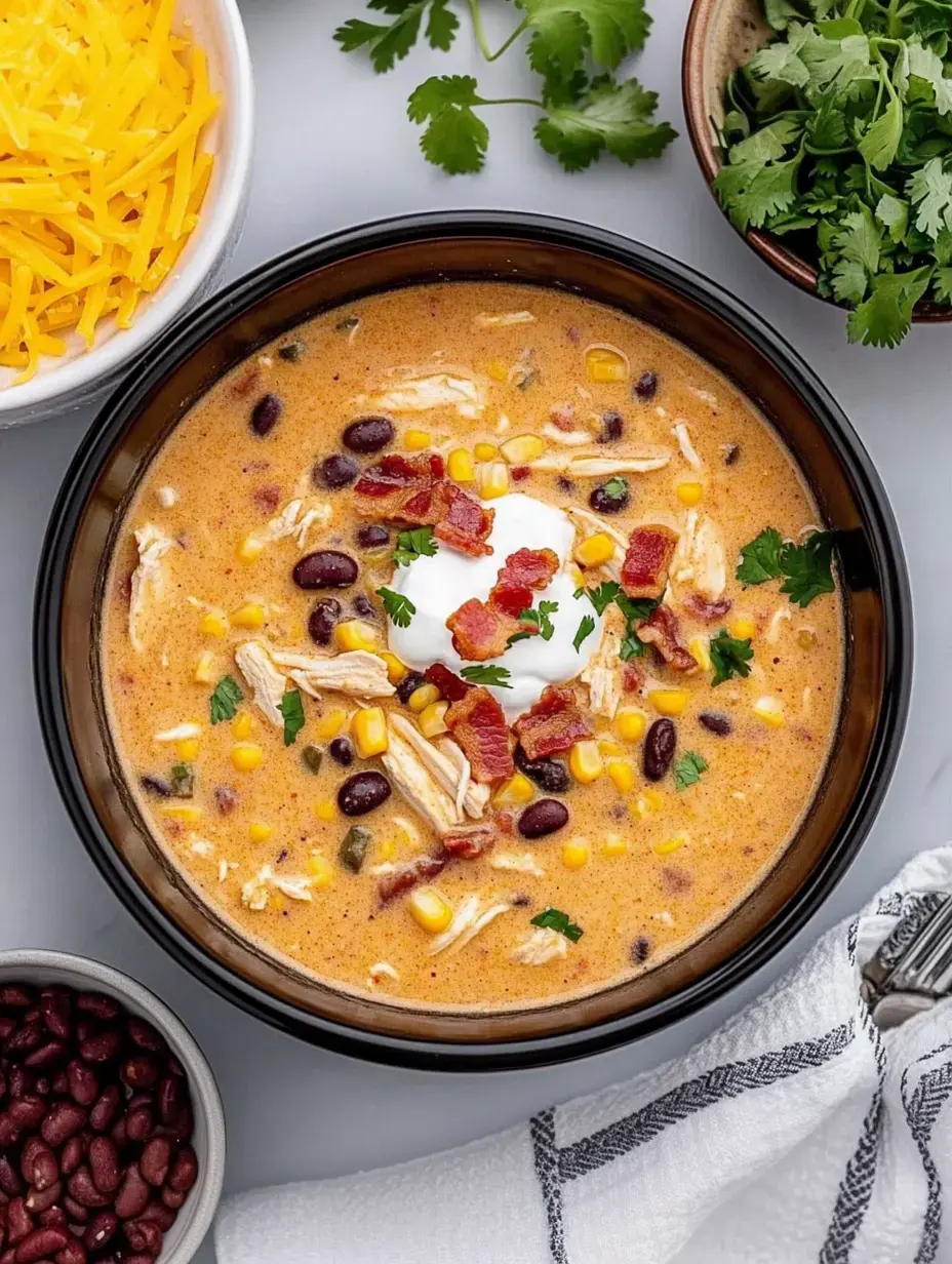 A bowl of creamy chicken soup with black beans, corn, shredded chicken, topped with sour cream, bacon bits, and fresh cilantro, surrounded by sides of shredded cheese and fresh herbs.