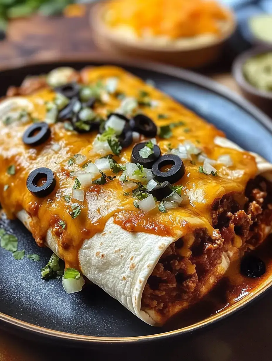 A close-up of a plate featuring two enchiladas topped with melted cheese, black olives, chopped onions, and cilantro, with additional sides in the background.