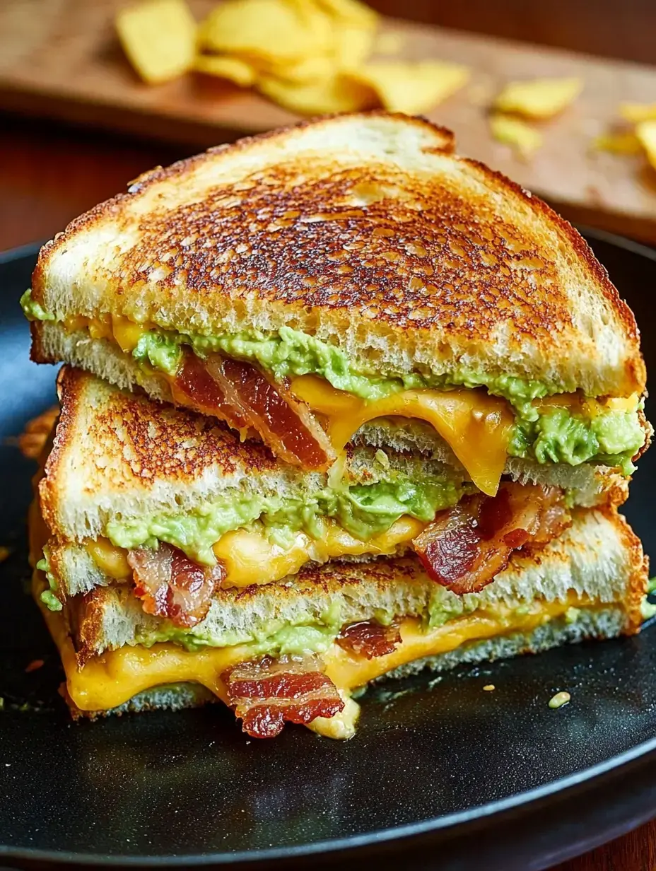 A close-up of a grilled cheese sandwich stacked with melted cheddar, bacon, and avocado on toasted bread, served on a black plate with tortilla chips in the background.