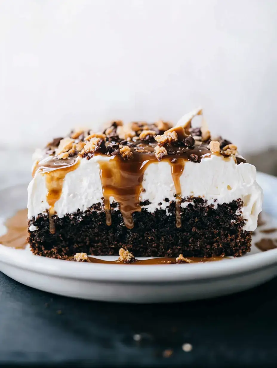 A slice of chocolate cake topped with whipped cream, caramel drizzle, and chocolate crumbles on a white plate.