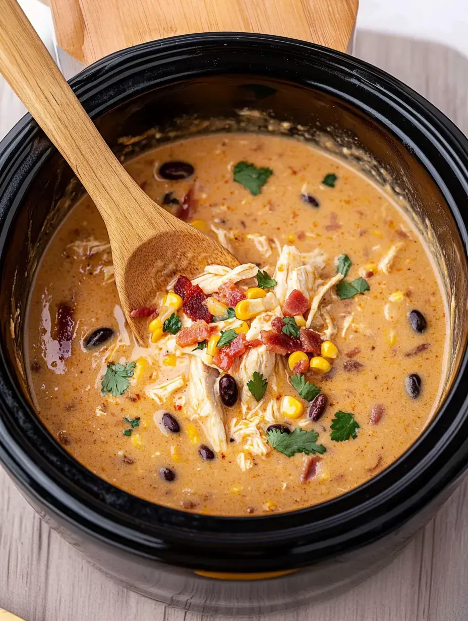 A close-up view of a creamy chicken soup in a black slow cooker, topped with corn, black beans, bacon, and cilantro, stirred with a wooden spoon.