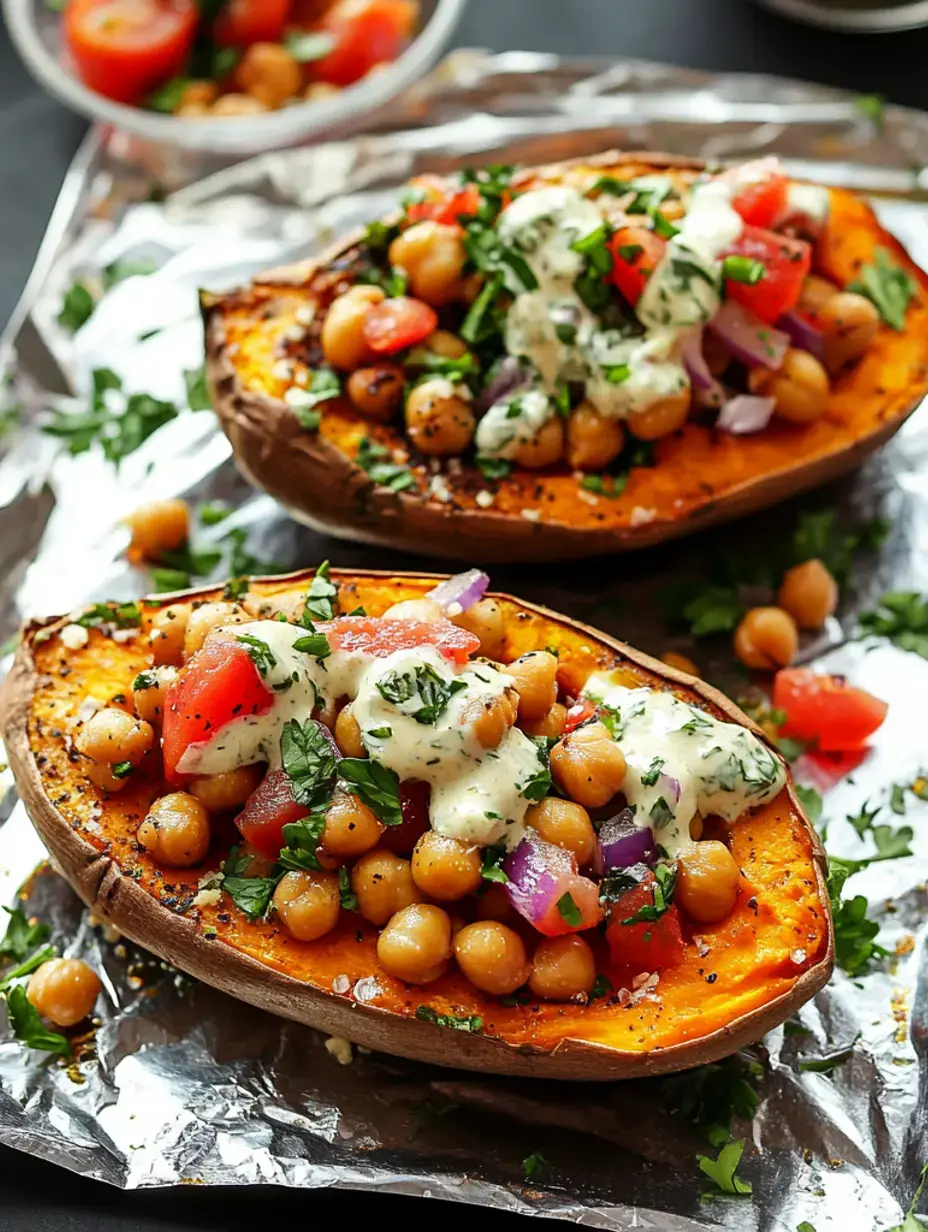 Baked sweet potatoes topped with chickpeas, diced tomatoes, red onion, and a drizzle of creamy dressing, garnished with fresh herbs on a bed of foil.