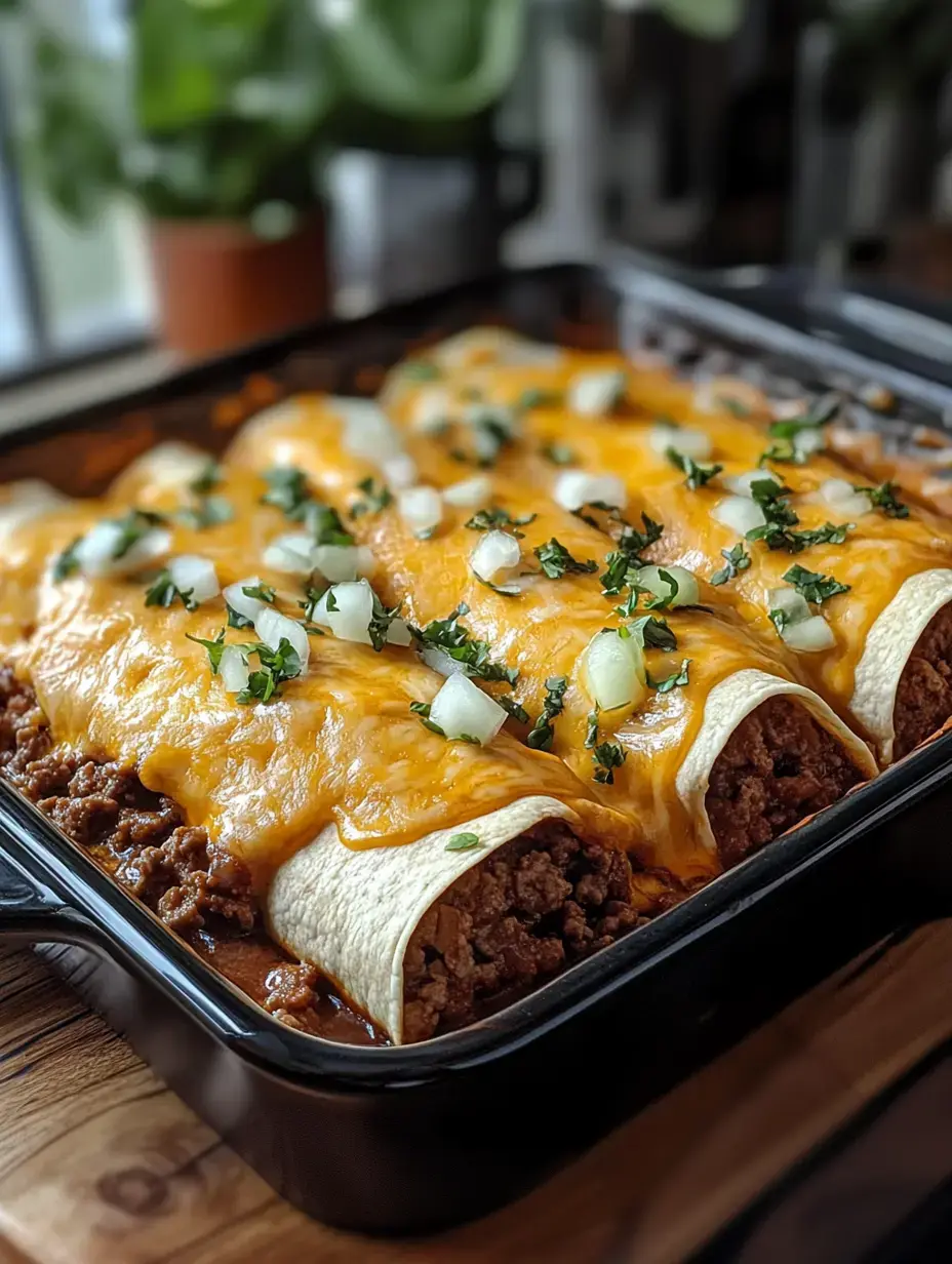 A dish of enchiladas topped with melted cheese, diced onions, and chopped cilantro sits in a black baking dish.