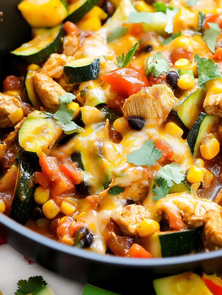 A close-up view of a colorful dish featuring diced chicken, zucchini, corn, black beans, and melted cheese, garnished with fresh cilantro.