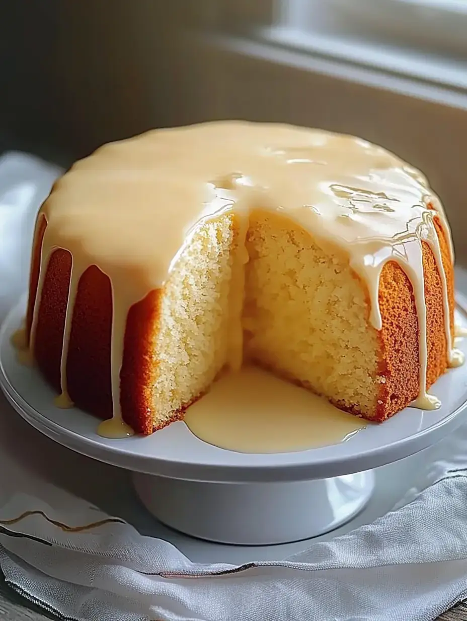 A sliced cake with a glossy glaze sits on a white cake stand, showcasing its soft, fluffy interior.