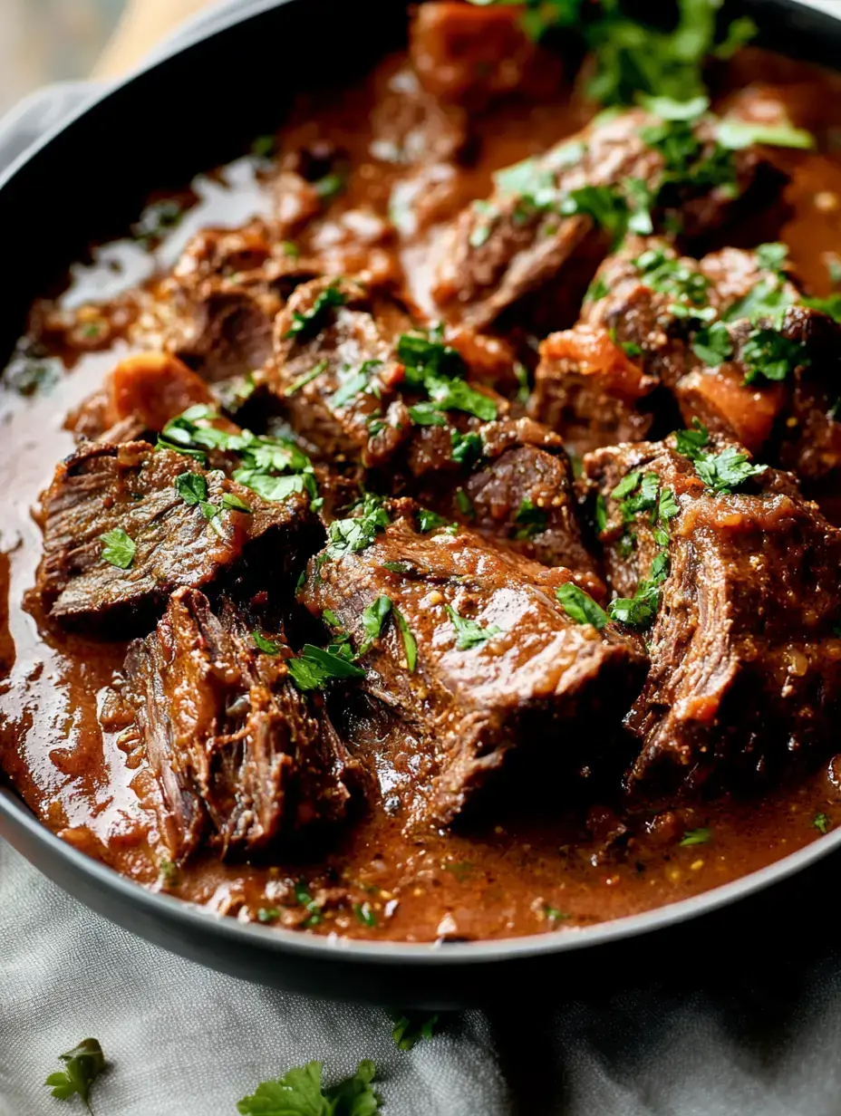 A close-up of a bowl of tender beef pieces simmered in rich sauce and garnished with fresh cilantro.